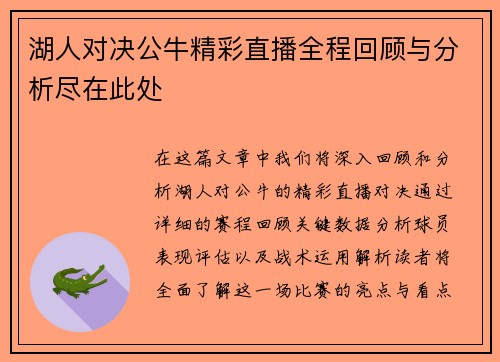 湖人对决公牛精彩直播全程回顾与分析尽在此处